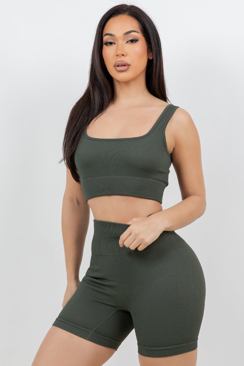 B’agile Workout Sets for Women 2 Piece Seamless Ribbed Crop Tank High Waist Shorts Yoga Outfits