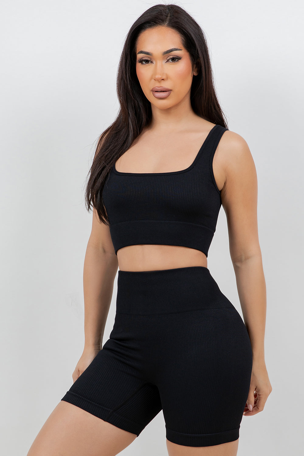 B’agile Workout Sets for Women 2 Piece Seamless Ribbed Crop Tank High Waist Shorts Yoga Outfits