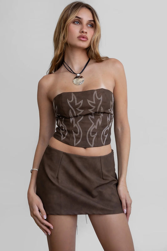 Vegan Leather Embroidered Western Corset Top