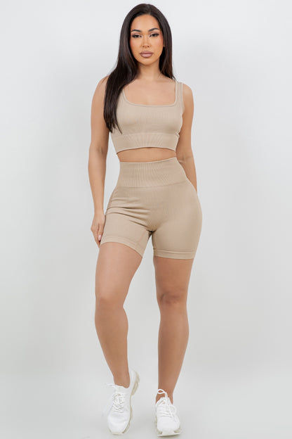 B’agile Workout Sets for Women 2 Piece Seamless Ribbed Crop Tank High Waist Shorts Yoga Outfits