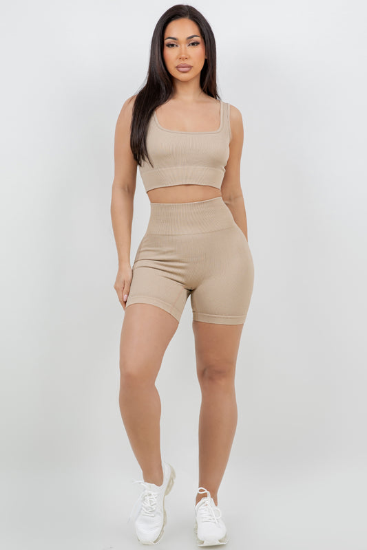 B’agile Workout Sets for Women 2 Piece Seamless Ribbed Crop Tank High Waist Shorts Yoga Outfits