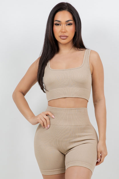 B’agile Workout Sets for Women 2 Piece Seamless Ribbed Crop Tank High Waist Shorts Yoga Outfits