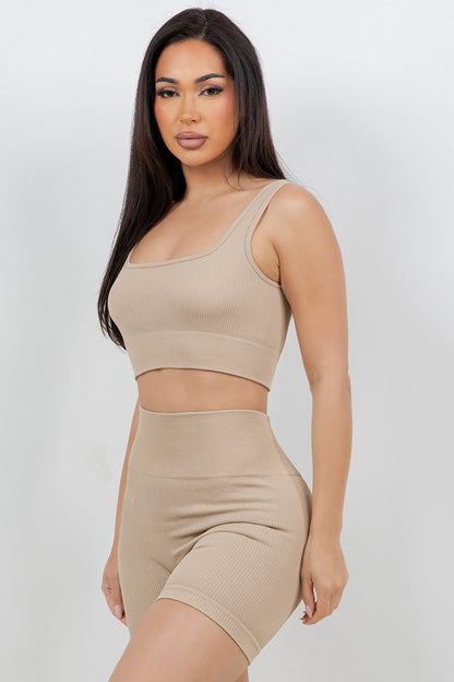 B’agile Workout Sets for Women 2 Piece Seamless Ribbed Crop Tank High Waist Shorts Yoga Outfits