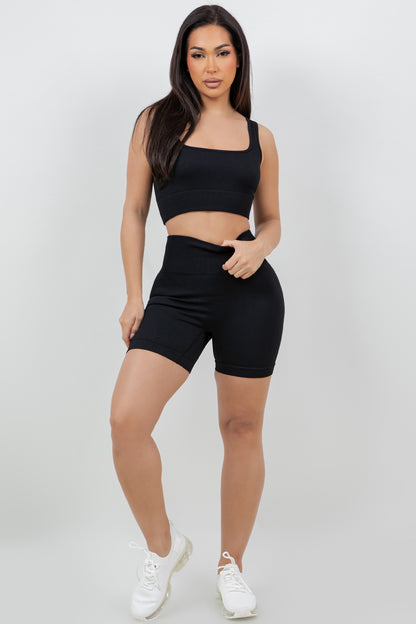 B’agile Workout Sets for Women 2 Piece Seamless Ribbed Crop Tank High Waist Shorts Yoga Outfits