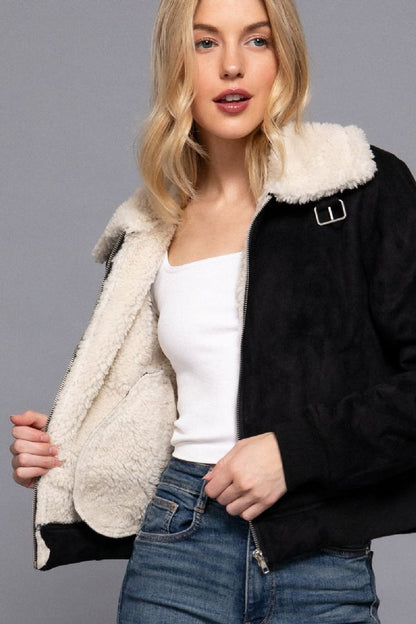 FAUX SUEDE INNER FUR ZIP UP JACKET