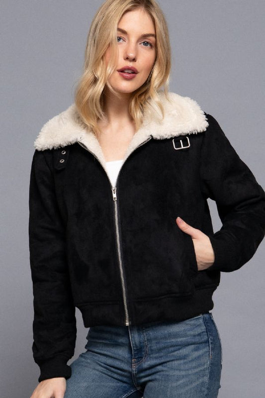 FAUX SUEDE INNER FUR ZIP UP JACKET